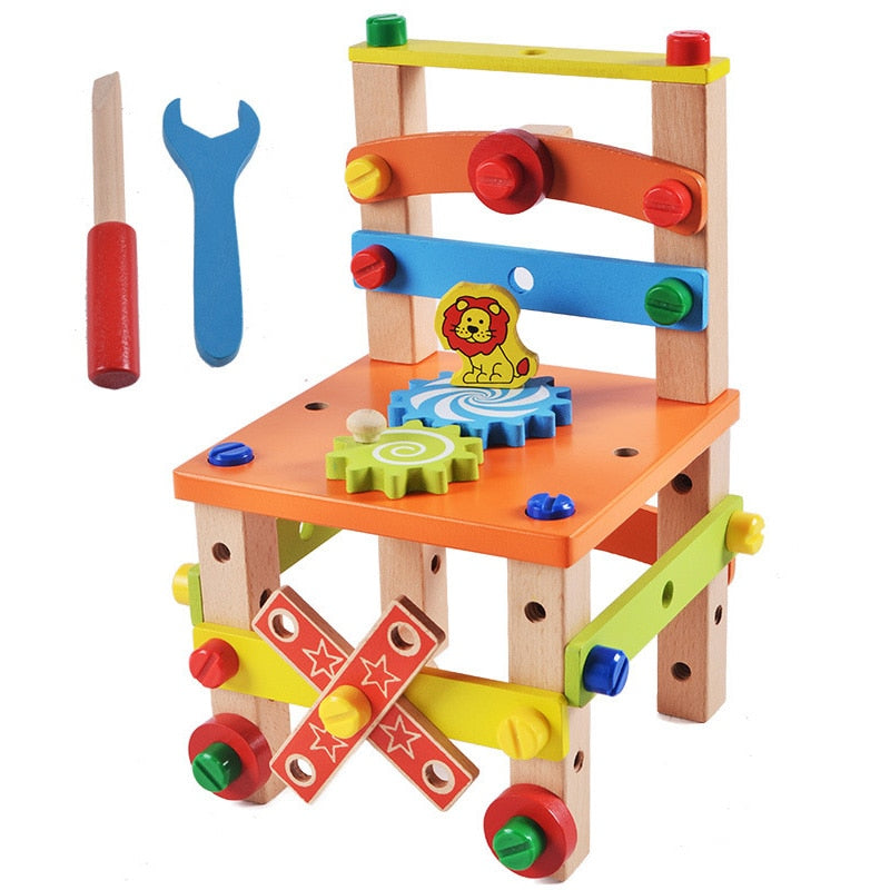 Wooden Assembling Chair Montessori Toys Baby Educational Wooden Toy Preschool Multifunctional Variety Nut Combination Chair Tool