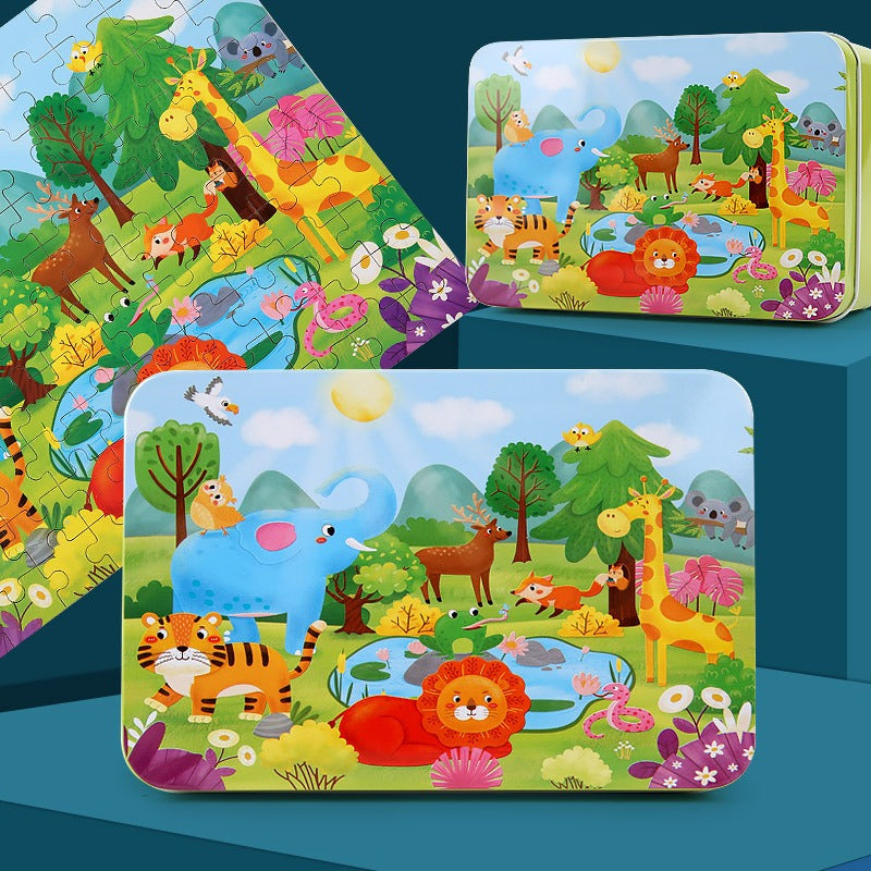 Children's 100-Piece Wooden Iron Box Puzzle Version Of Children's Progression 12 Wooden Toys