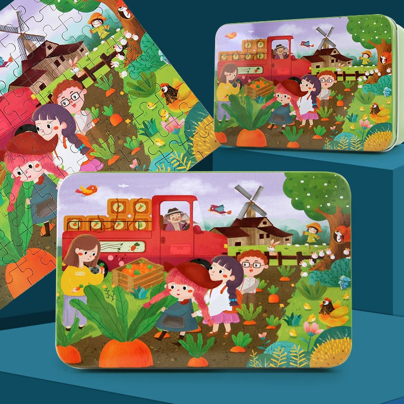 Children's 100-Piece Wooden Iron Box Puzzle Version Of Children's Progression 12 Wooden Toys