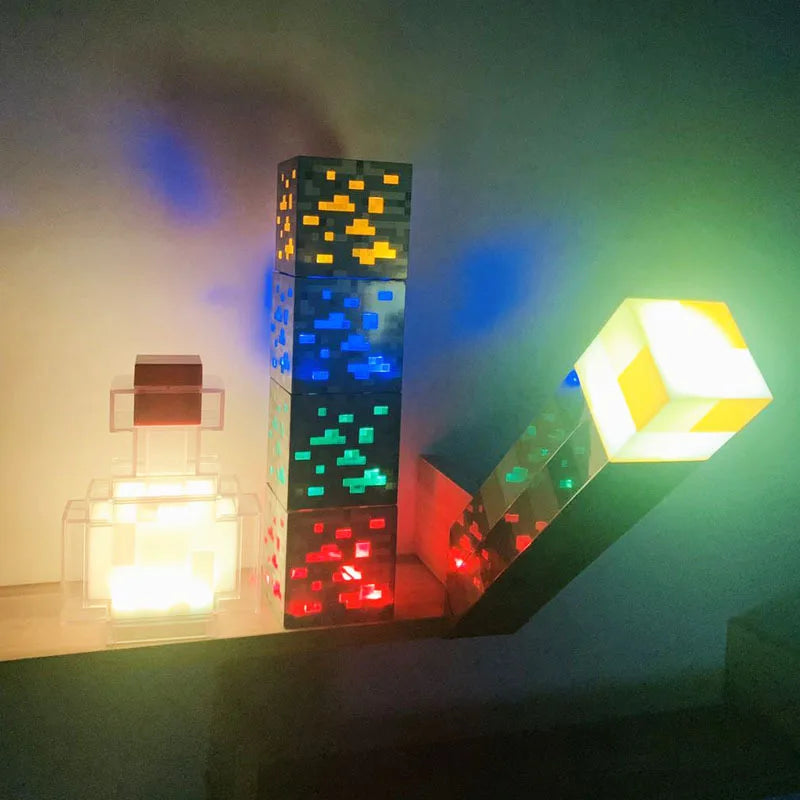 Night lights for children in the form of flasks with potions, cubes, and torches from the game Minecraft