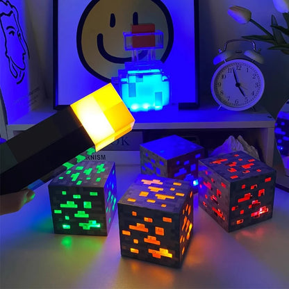 Night lights for children in the form of flasks with potions, cubes, and torches from the game Minecraft