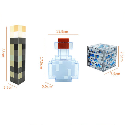 Night lights for children in the form of flasks with potions, cubes, and torches from the game Minecraft