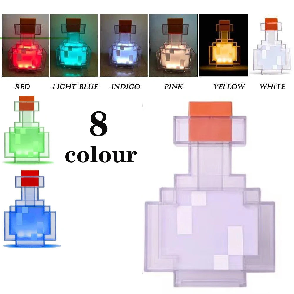 Night lights for children in the form of flasks with potions, cubes, and torches from the game Minecraft