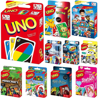 Game Uno with all versions: Pokemon, Paw Patrol, Super Mario, Minecraft, Harry Potter, Barbie, Minions, Star Wars, Avengers, Cars, Anime, and Frozen.