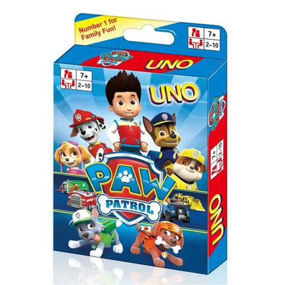 Game Uno with all versions: Pokemon, Paw Patrol, Super Mario, Minecraft, Harry Potter, Barbie, Minions, Star Wars, Avengers, Cars, Anime, and Frozen.