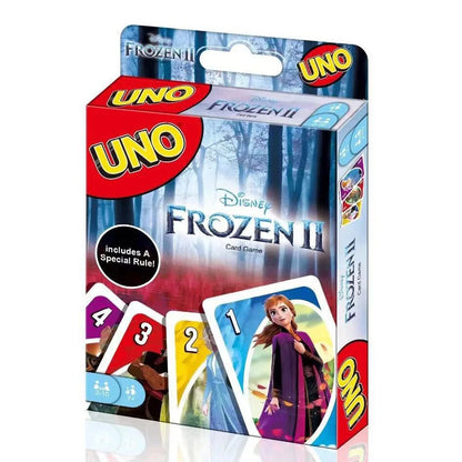 Game Uno with all versions: Pokemon, Paw Patrol, Super Mario, Minecraft, Harry Potter, Barbie, Minions, Star Wars, Avengers, Cars, Anime, and Frozen.