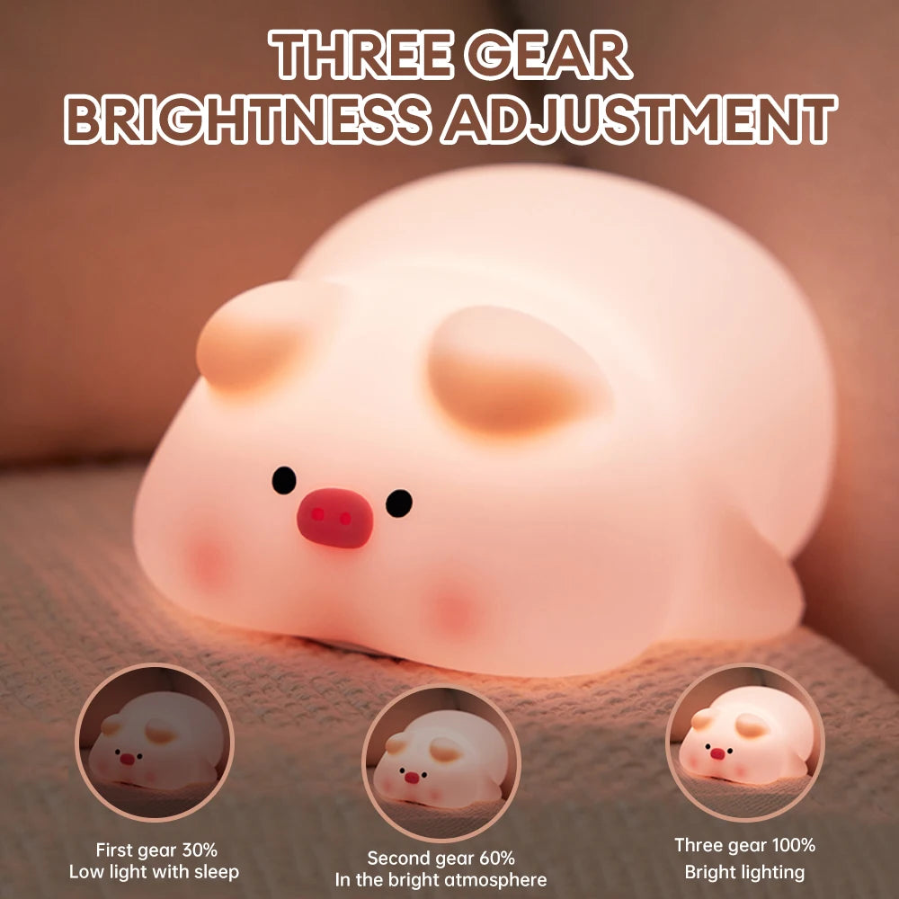 Night light with silicone big face in the form of rabbit, duck, panda, capybara, and pig. Rechargeable via USB